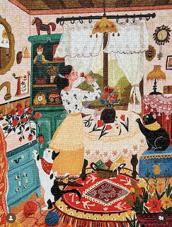 Folk art illustration of a woman sitting in a cozy cottage room with cats and vintage furniture