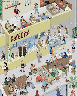 Colorful detailed illustration of a busy multi-level café with many people eating, drinking, and socializing