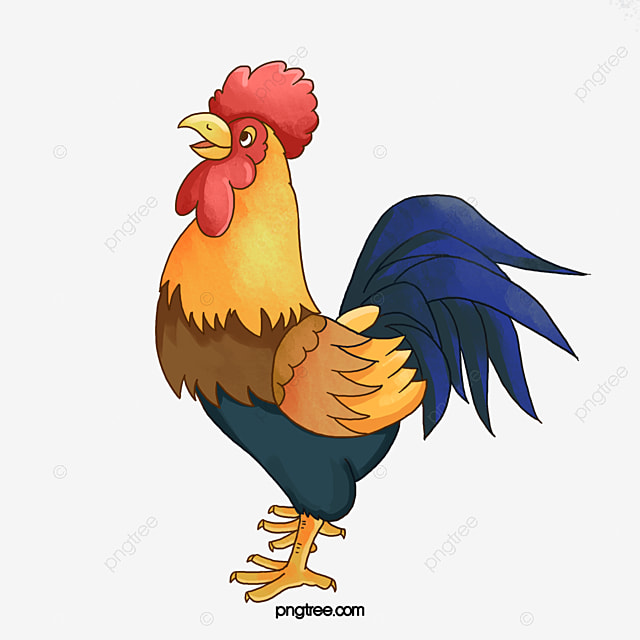 Colorful cartoon rooster standing sideways on a plain background