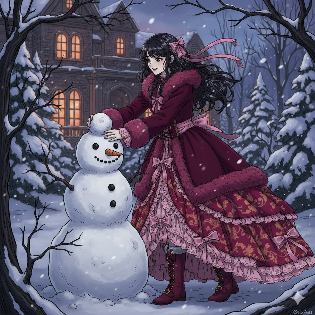 Anime girl in burgundy Victorian dress standing beside snowman in snowy evening scene with mansion background