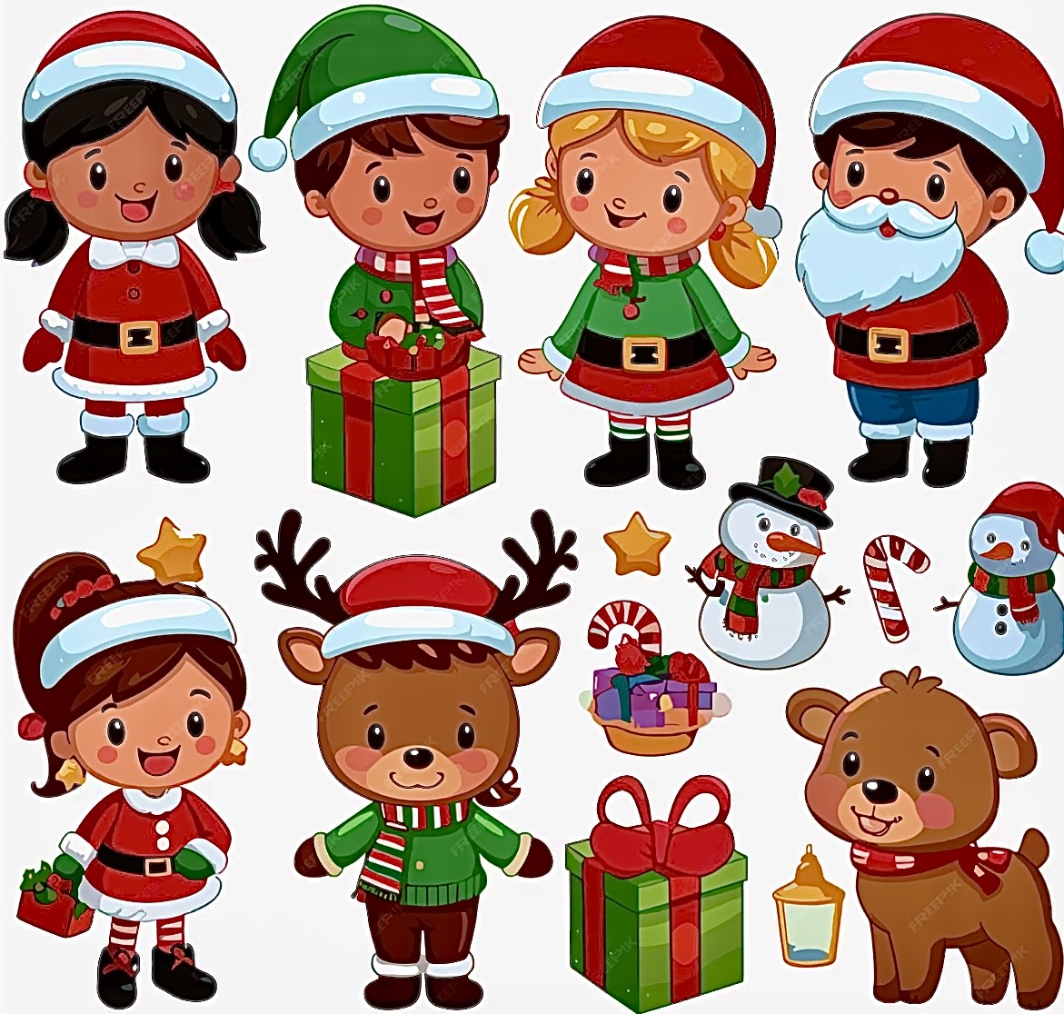 Cartoon Christmas characters with Santa, elves, reindeer, snowmen, gifts, and candy canes