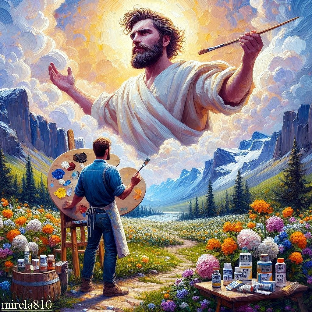 Artist painting a mountain landscape with a giant divine figure holding a paintbrush appearing in the clouds