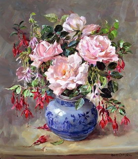 Oil painting of pink roses and red fuchsias in a blue porcelain vase