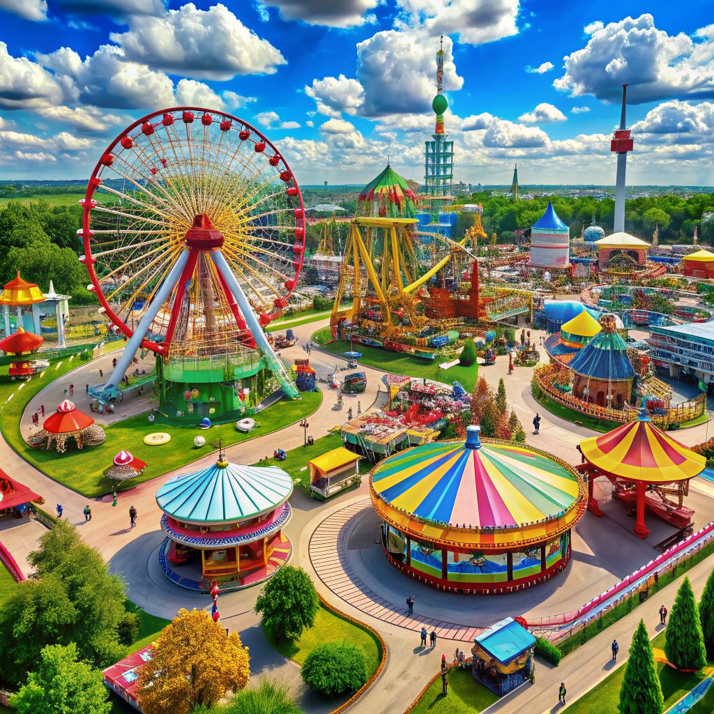 Aerial view of colorful amusement park with Ferris wheel, carousels, and rides under blue sky