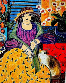 Art deco painting of woman in purple top and yellow skirt seated with white cat among vibrant floral patterns