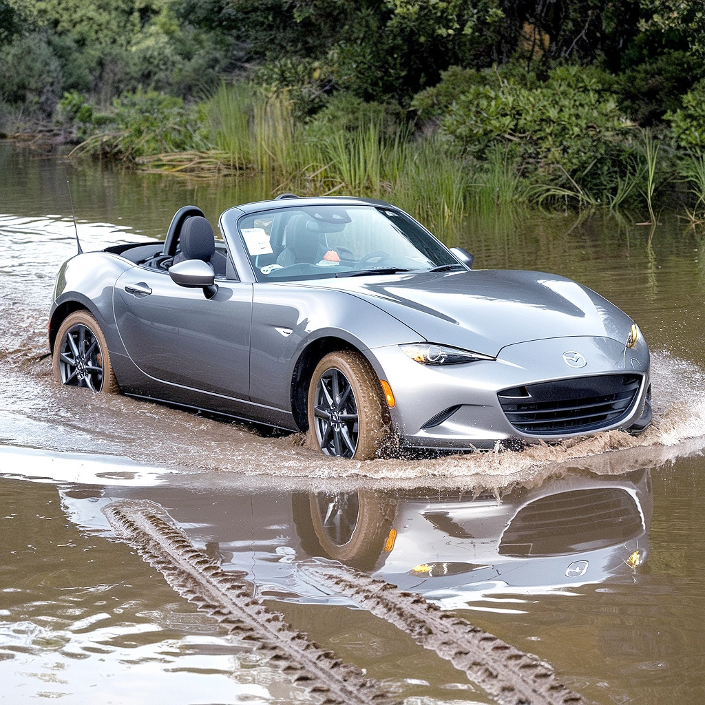 Silver Mazda Miata convertible splashing through brown water on muddy road