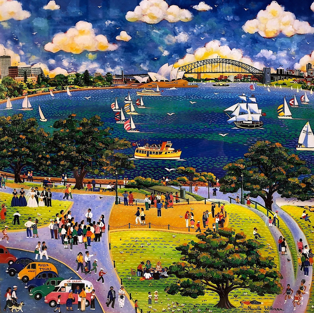 Folk art painting of Sydney Harbour with bridge, sailboats, park, people, and trees under a blue sky