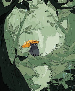 Black cat with orange umbrella sitting in a rainy green forest surrounded by leaves and plants