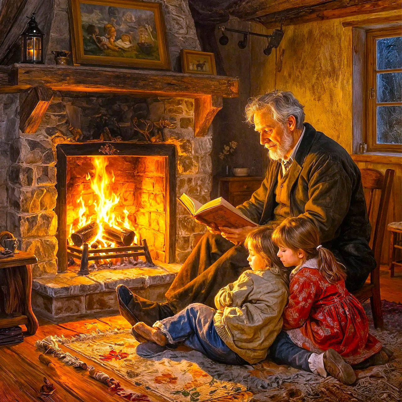 Grandfather reading to children by fireplace in cozy cottage
