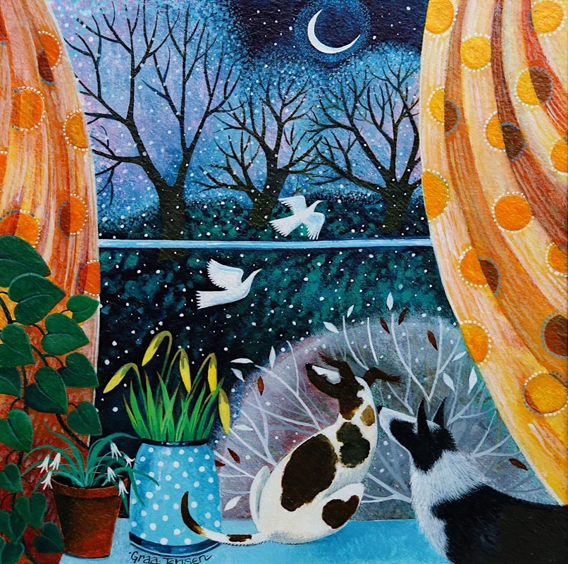 Painting of two cats by a window watching snow and birds at night