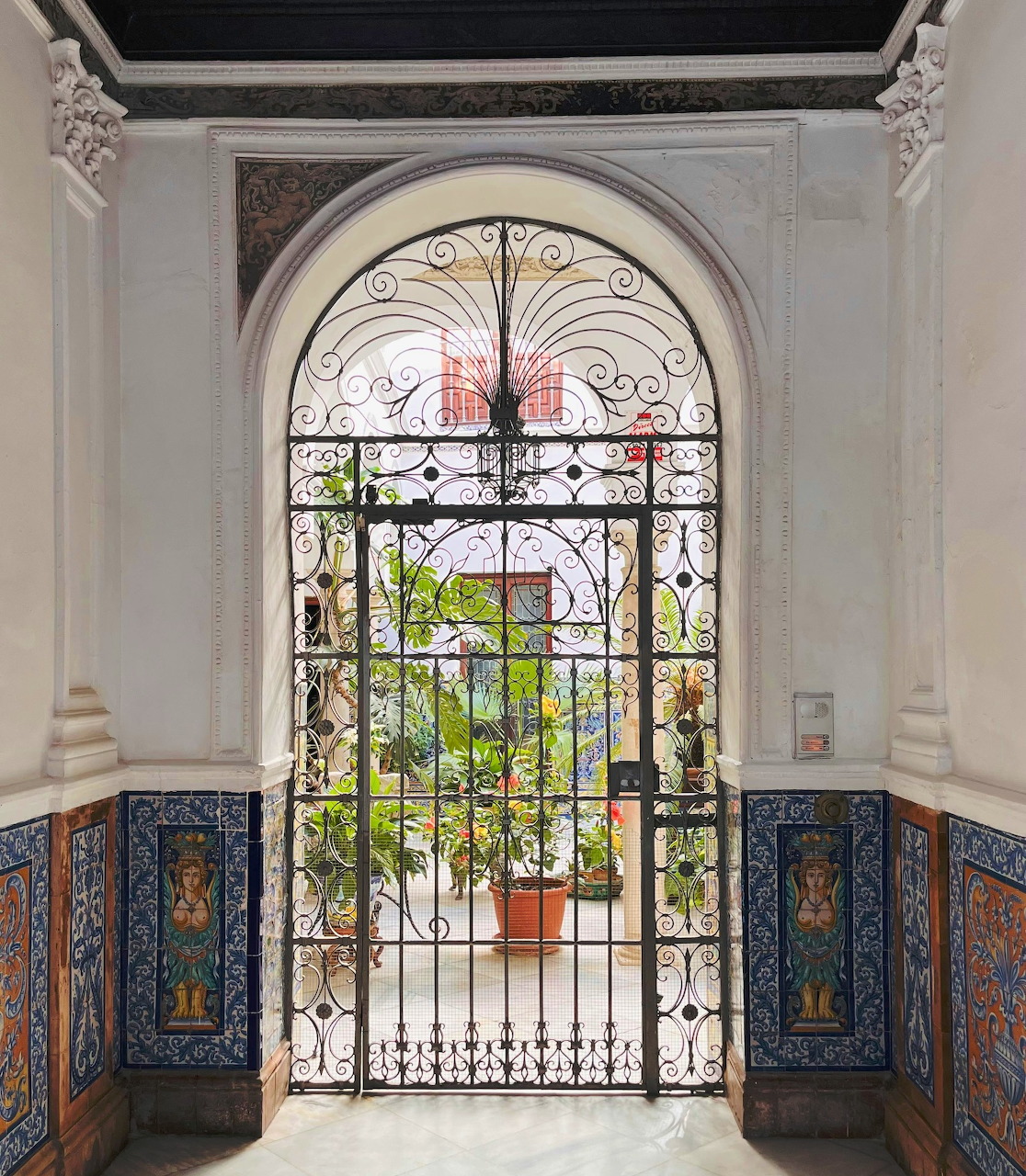 Ornate wrought iron door in an arched interior doorway with tiled walls and courtyard plants beyond