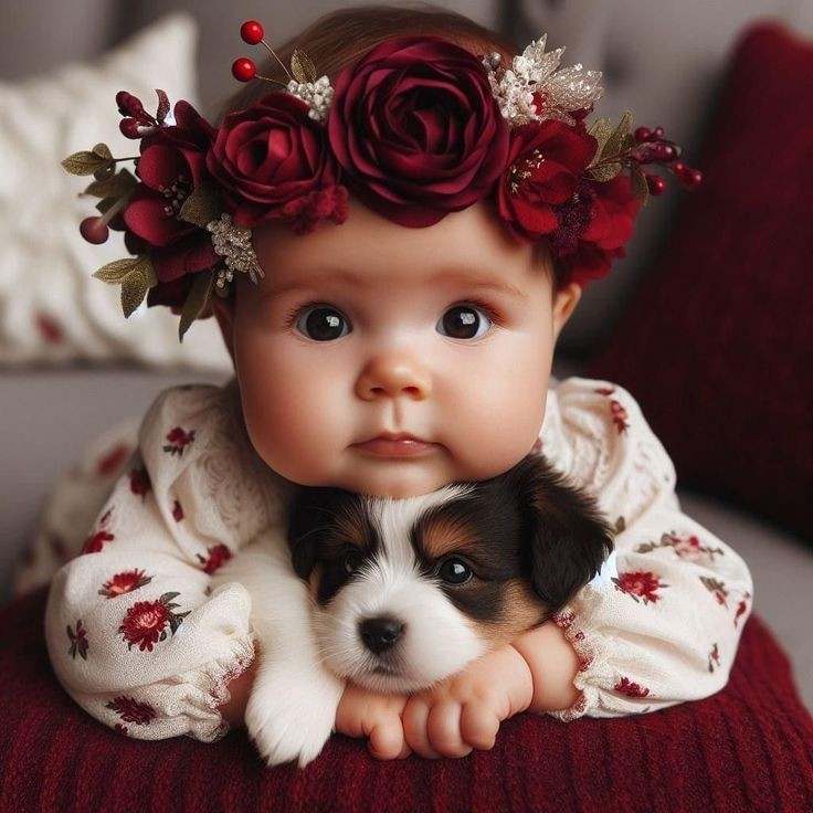 Baby with Puppy and Flowers