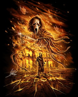 Horror illustration of Ghostface above a burning house with a cloaked figure in front