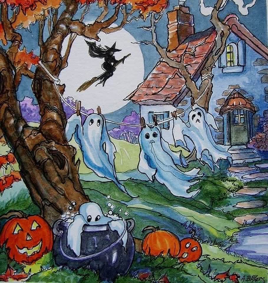Halloween cottage scene with ghost-shaped laundry hanging on clothesline, witch flying across moon, pumpkins and fall foliage