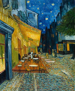 Van Gogh painting of glowing yellow cafe terrace at night with people dining outdoors under starry blue sky