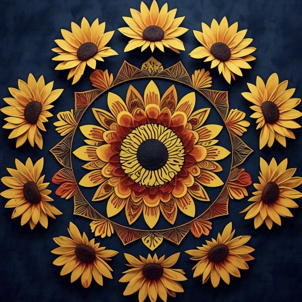 Ornate mandala with central golden flower motif encircled by yellow sunflowers on dark blue background