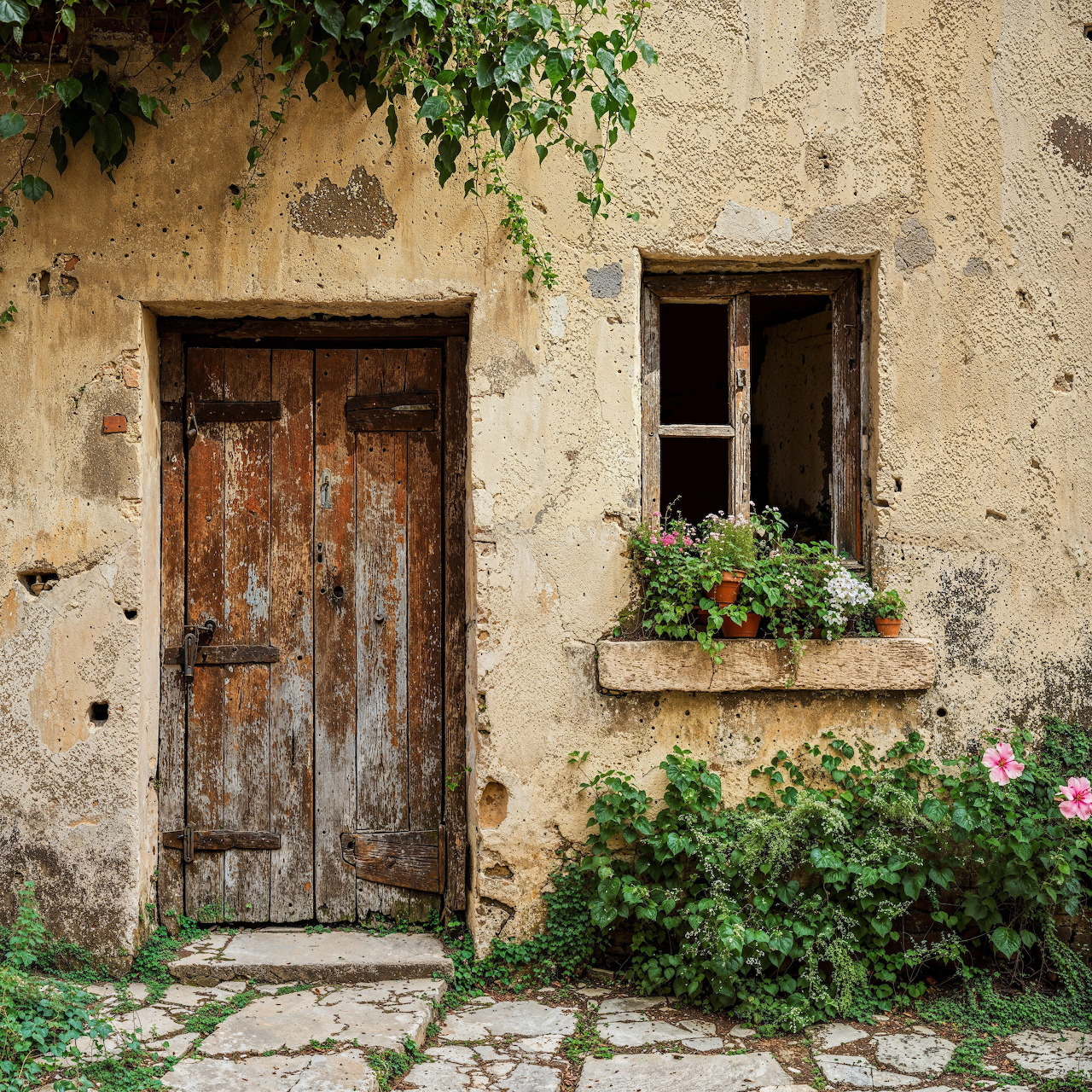 Rustic wooden door and window with flowers on aged stucco wall with climbing plants