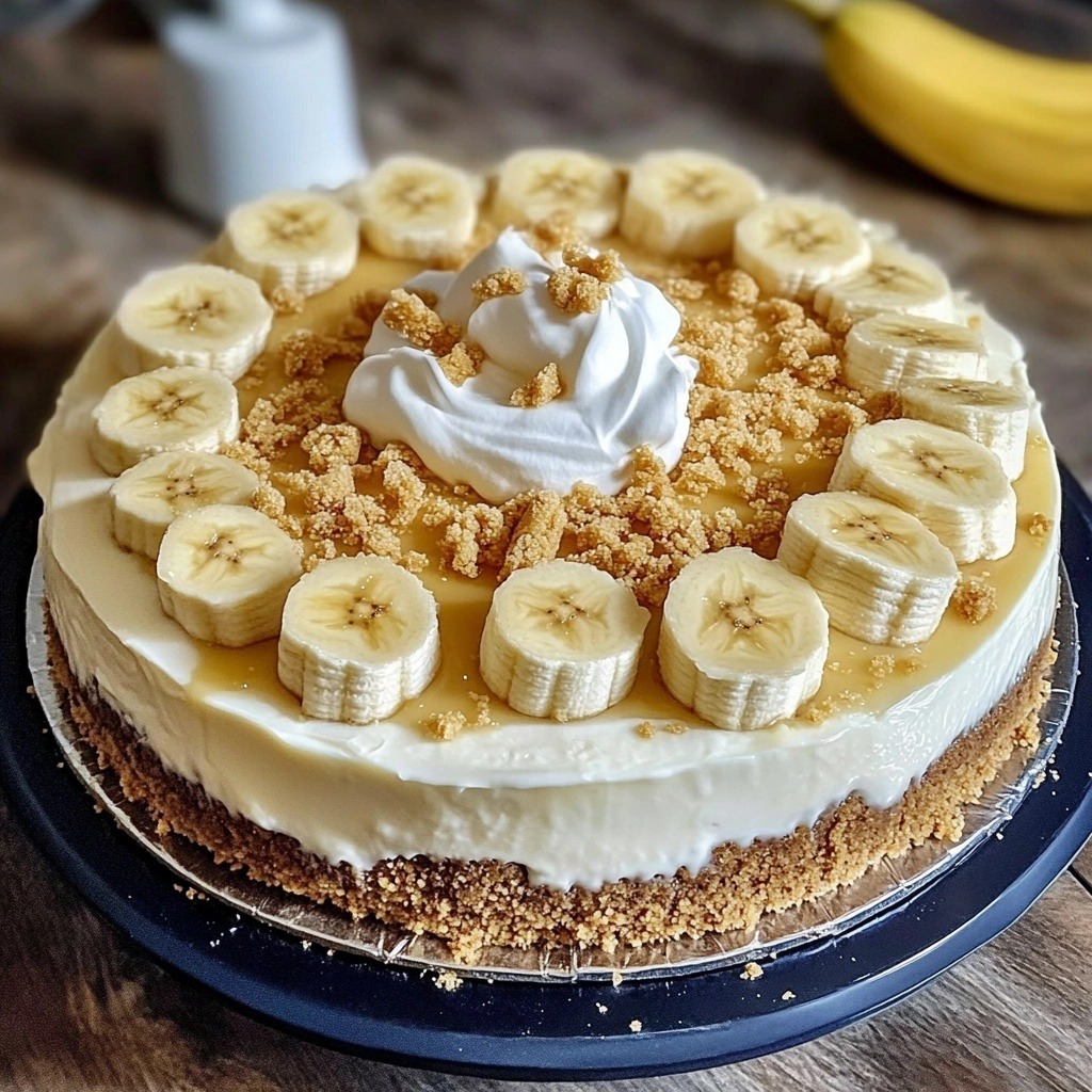 Round cheesecake decorated with banana slices arranged in circle, whipped cream center, and golden crumb topping