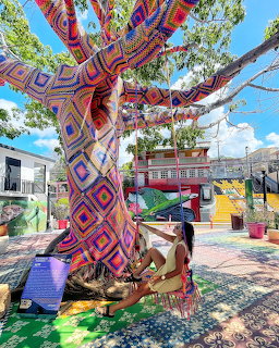 Colorful Yarn-Bombed Tree Plaza