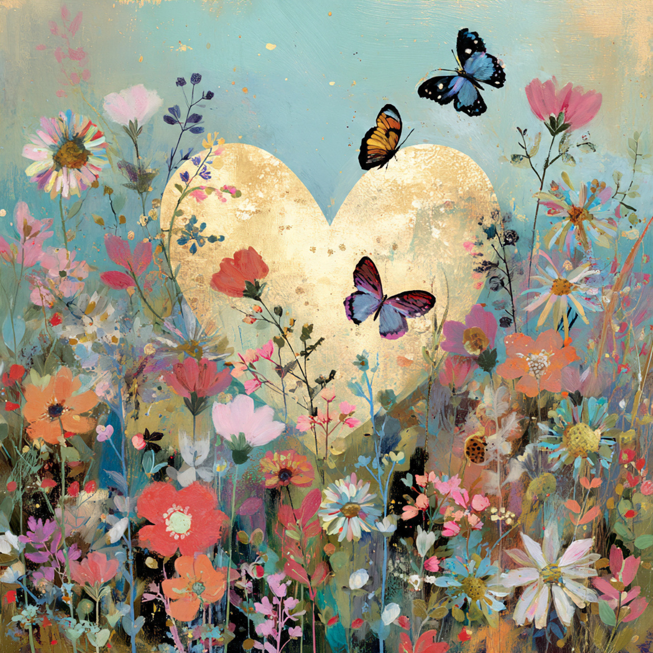 Painted heart among colorful wildflowers with butterflies in a dreamy garden scene