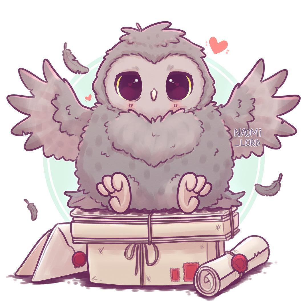 Cute cartoon baby owl sitting on a stack of books with feathers and hearts around it
