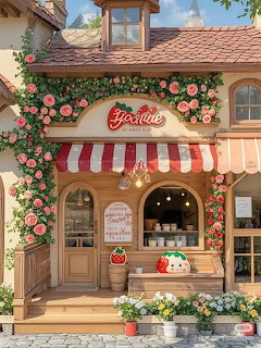 Illustrated cute café exterior with red-striped awning, climbing pink roses, and a strawberry plush mascot