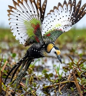 Pheasant-tailed Jacana bird flying with outstretched wings over wetland vegetation