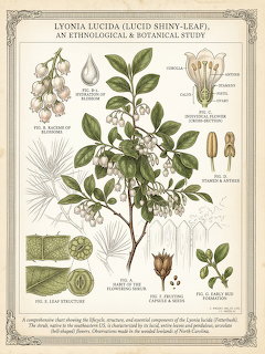 Botanical illustration plate of Lyonia lucida showing plant structure, flowers, leaves, and seed details