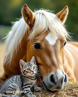 Chestnut horse with flowing white mane looking down at a small gray tabby kitten on hay