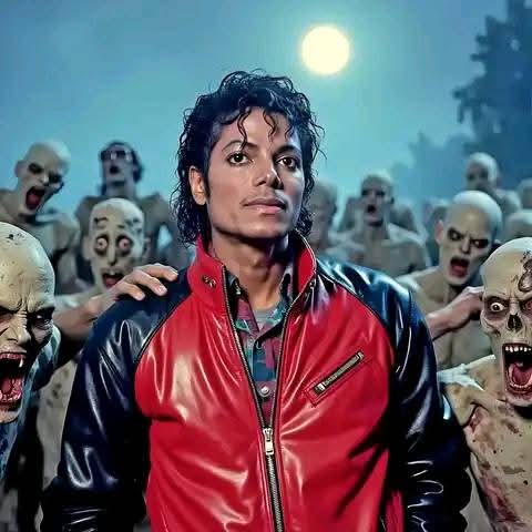 Michael Jackson in a red jacket surrounded by zombies at night