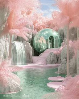 Surreal pink landscape with a waterfall, pastel pool, and reflective bubble house