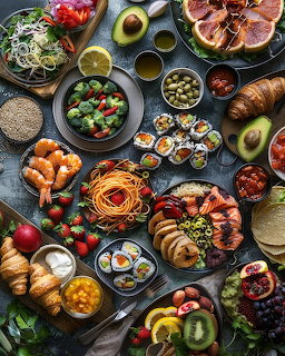 Overhead spread of sushi, shrimp, pasta, fruit, salads, croissants, and dips on a dark table