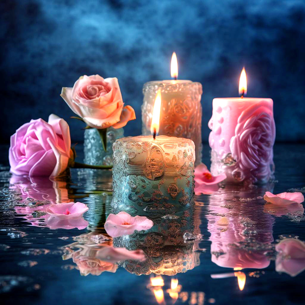 Decorated candles burning beside pink roses with water reflections
