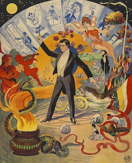 Vintage illustrated poster showing a magician onstage with flames, a snake, devils, and a dancing woman
