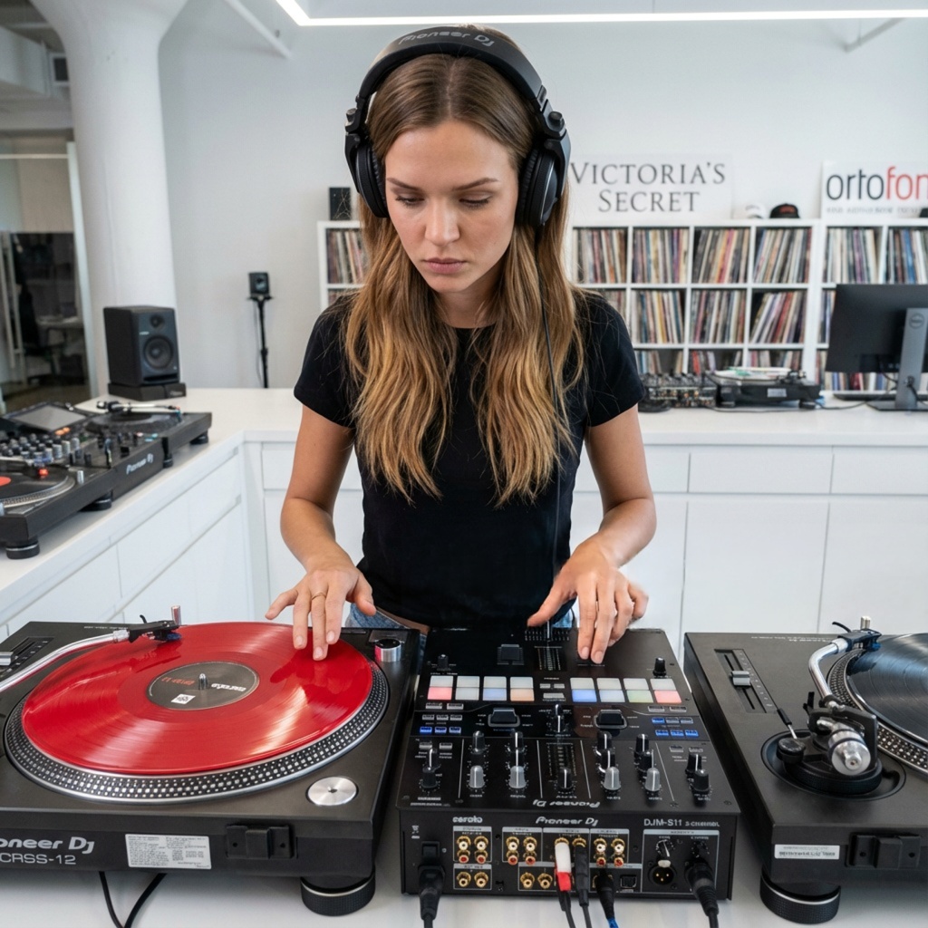Woman DJ with headphones mixing on turntables and a controller in a bright studio