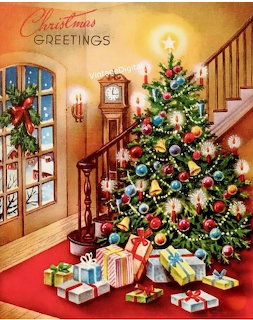 Vintage Christmas card illustration of a decorated tree with presents, grandfather clock, and staircase indoors