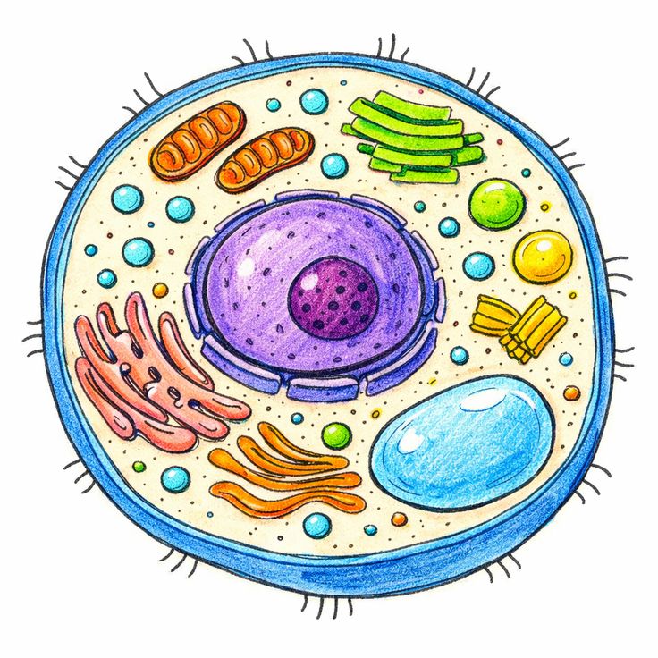 Illustration of a eukaryotic cell with nucleus and organelles inside a round cell membrane