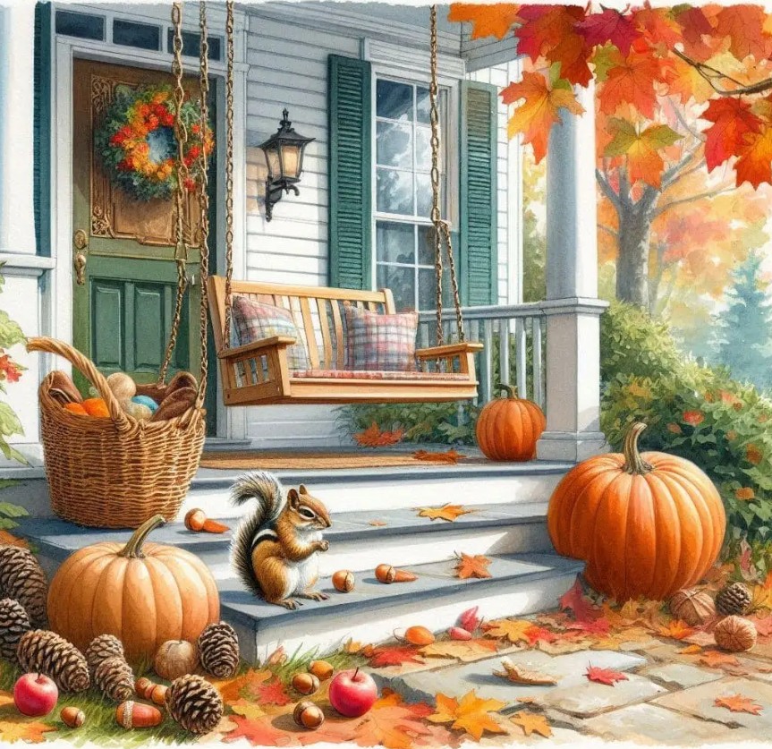 Autumn decorated porch with pumpkins, fall leaves, wicker basket, and wooden bench on white house with green accents