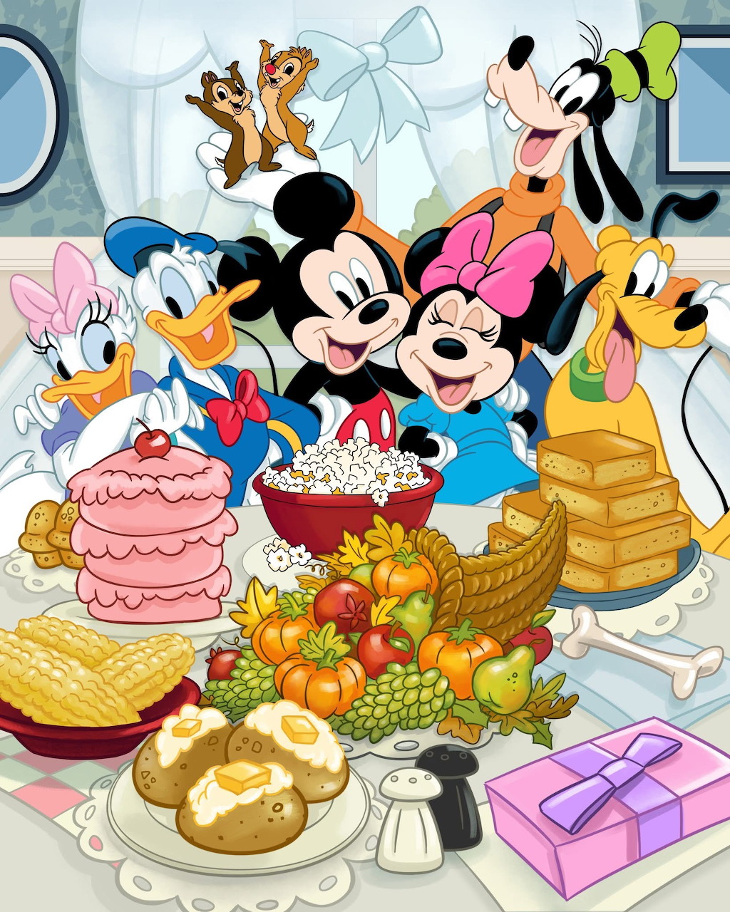 Mickey Mouse, Minnie, Donald Duck, Goofy and other Disney characters gathered around a Thanksgiving dinner table with turkey