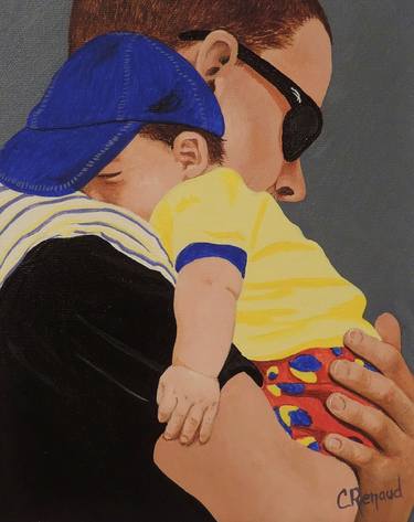 Painting of a man carrying a sleeping child on his shoulder in profile