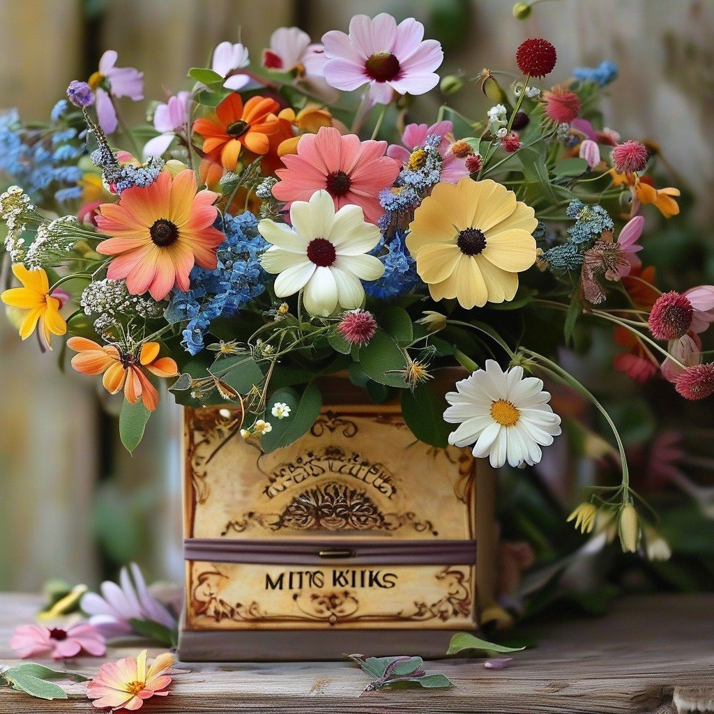 Colorful wildflower bouquet in a vintage decorative tin on a wooden table