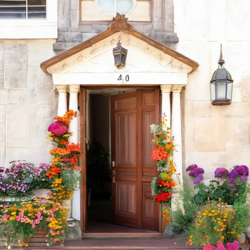 Elegant home entrance with wood door, classical columns, pediment, lanterns, and colorful flower arrangements