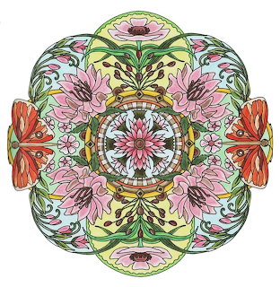 Colorful floral mandala with pink flowers, green foliage, and orange butterflies in symmetrical circular design