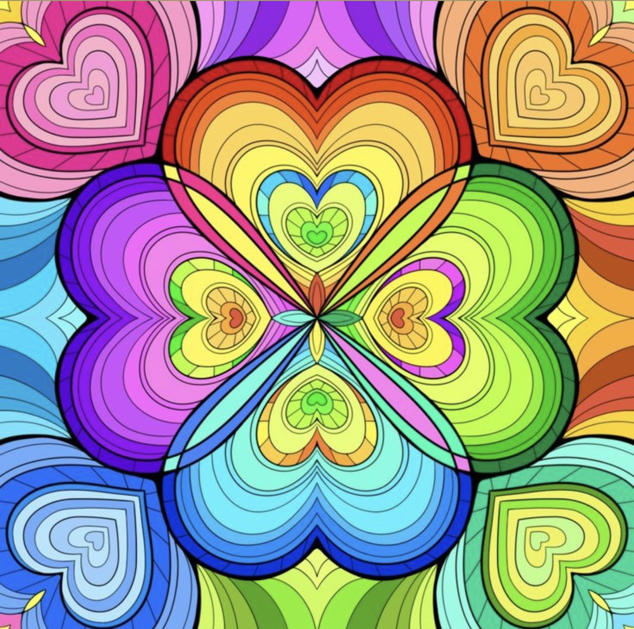 Colorful symmetrical mandala with layered hearts in rainbow colors forming a four-leaf clover pattern