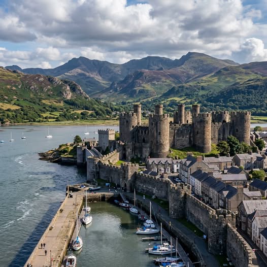 Medieval stone castle by a harbor with boats and mountains in the background