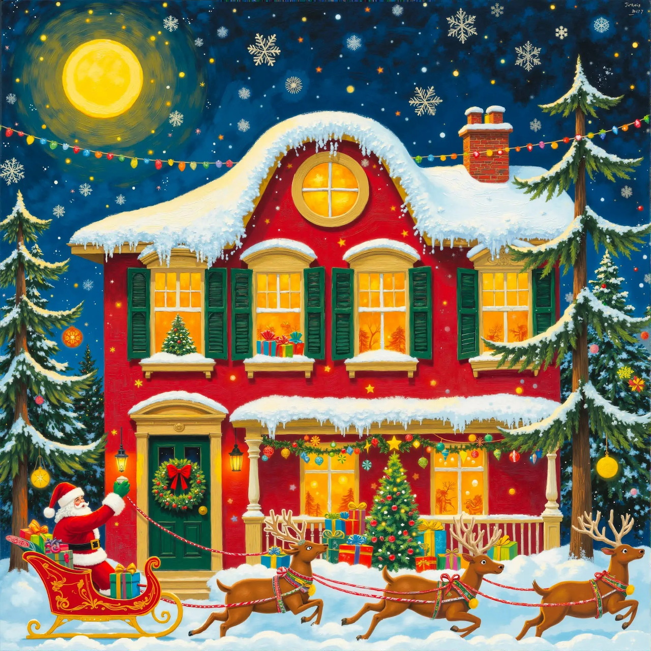 Snowy red house at night with Santa's sleigh, reindeer, Christmas trees, moon and stars