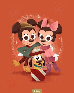 Mickey and Minnie Mouse in winter clothes with Pluto and a candy cane on orange background