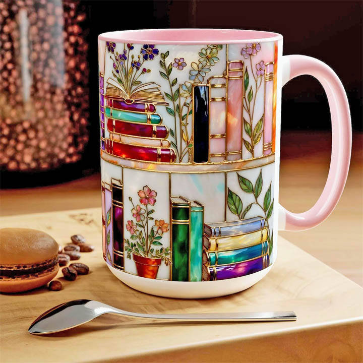 Decorative coffee cup with floral and book pattern on a wooden board beside a spoon and pastry