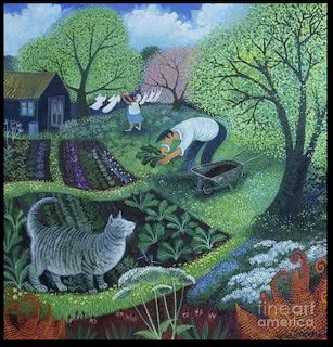 Folk art painting of people working in a spring garden with flowering trees, barn, and striped cat
