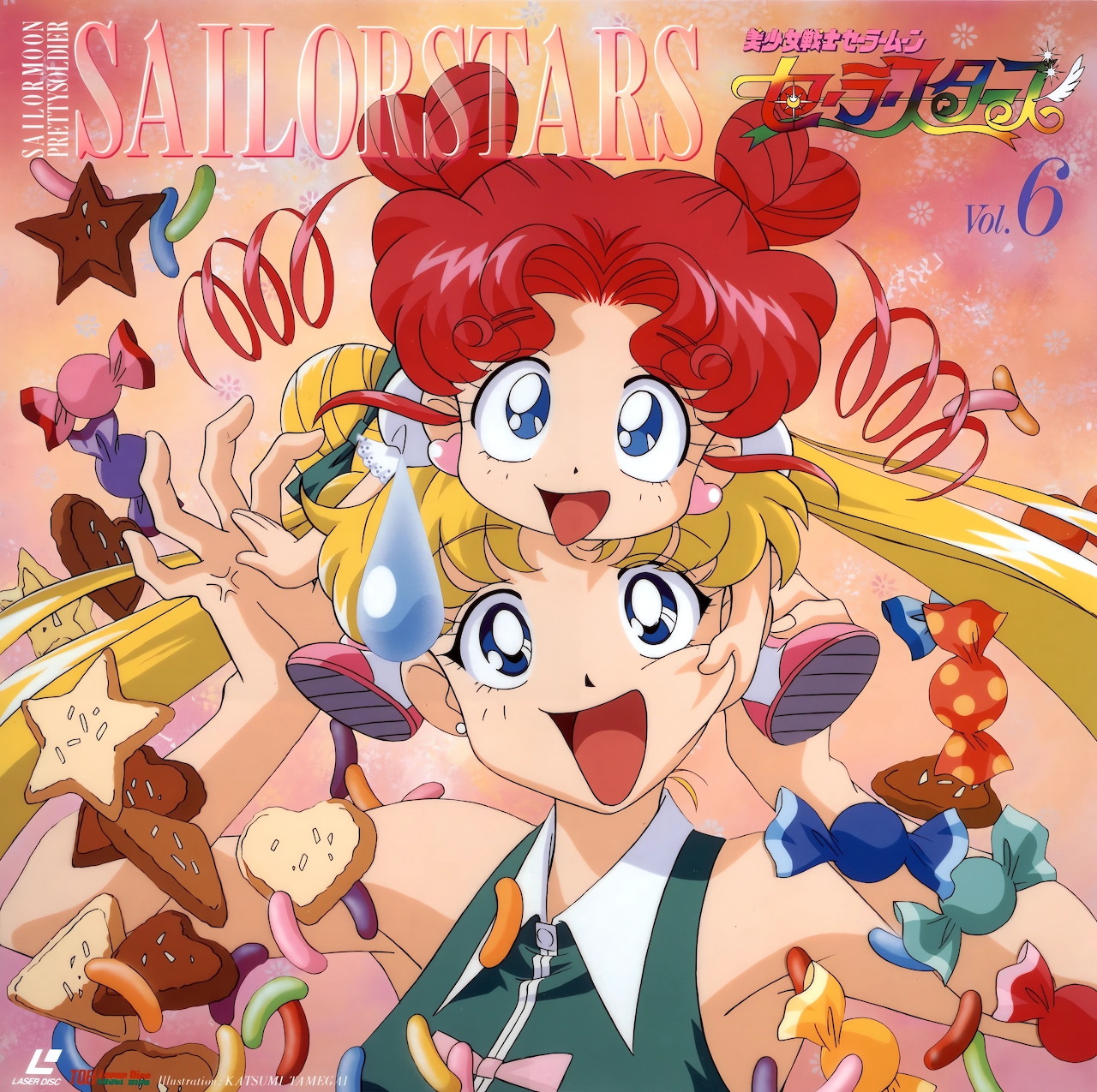 Anime characters Usagi and Chibi Chibi smiling together with ribbons, stars, and candy on a pink background